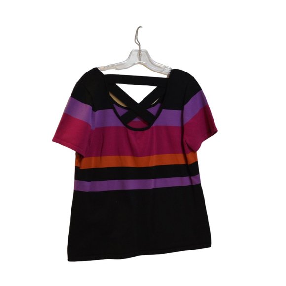 CABLE & GAUGE Knit Stripes Black-Pink-Purple-Orange V-Back Cross Straps BlouseXL - Picture 2 of 5